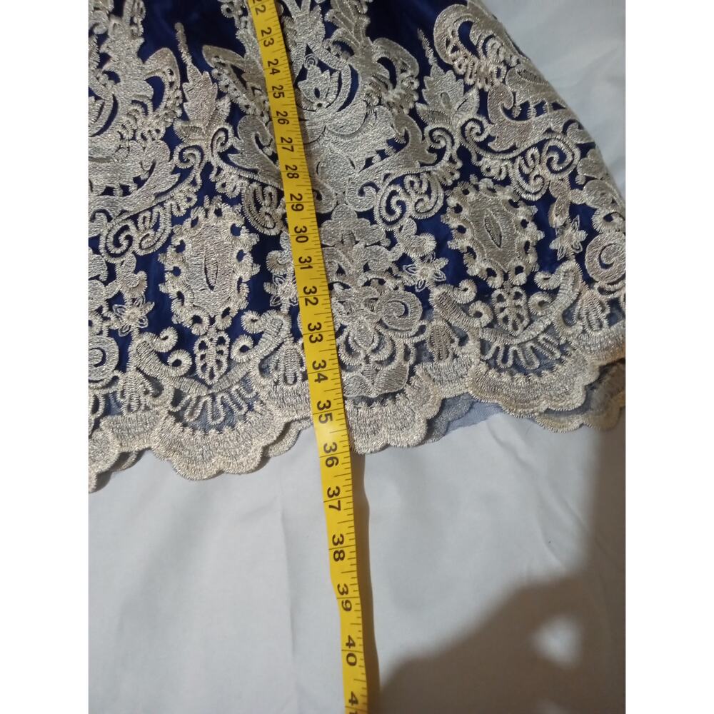 Women's Blue Lace Metallic Gold Embroidered Formal Cocktail Dinner Party Dress - Picture 9 of 13